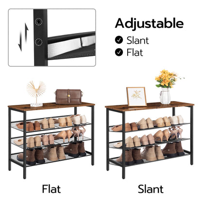 Two shoe racks with adjustable slant feature, displaying shoes and decorative items.
