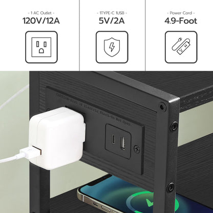 HOOBRO Small Narrow Side Table with Charging Station Set of 2, Skinny End Table for Small Spaces, Slim Nightstand with USB Ports Outlet, Sofa Beside Table with Storage Shelf BB102UBZP201