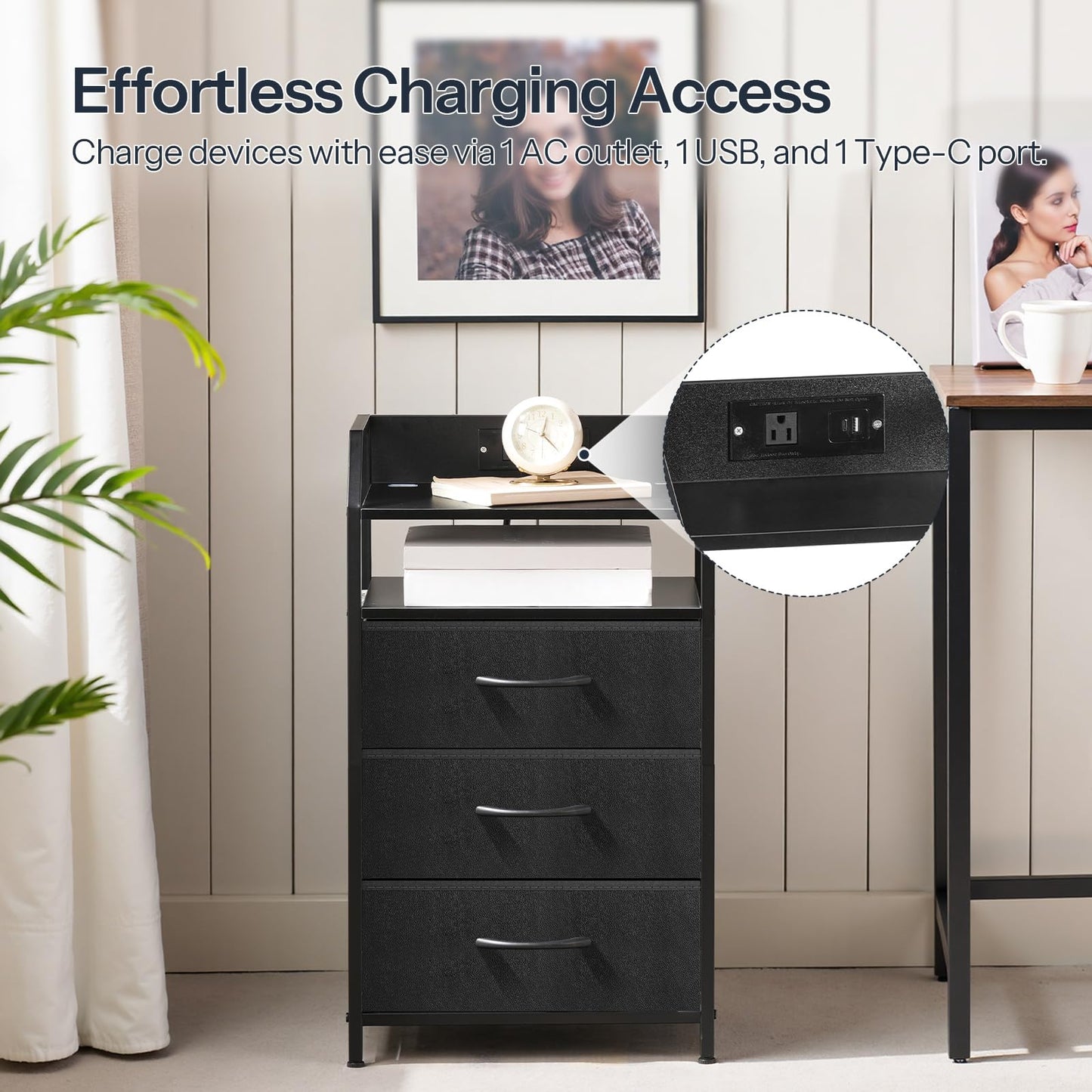 HOOBRO Black Bedside Table with Charging Station: Features 1 AC power outlet & 1 USB port & 1 Type-C port & LED light strip