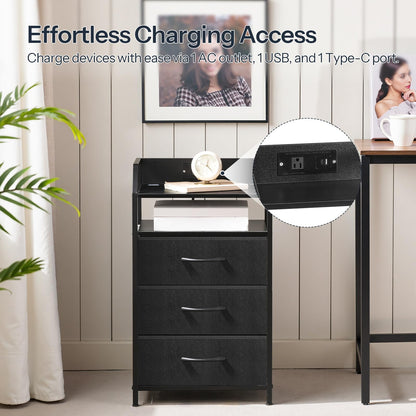HOOBRO Black Bedside Table with Charging Station: Features 1 AC power outlet & 1 USB port & 1 Type-C port & LED light strip