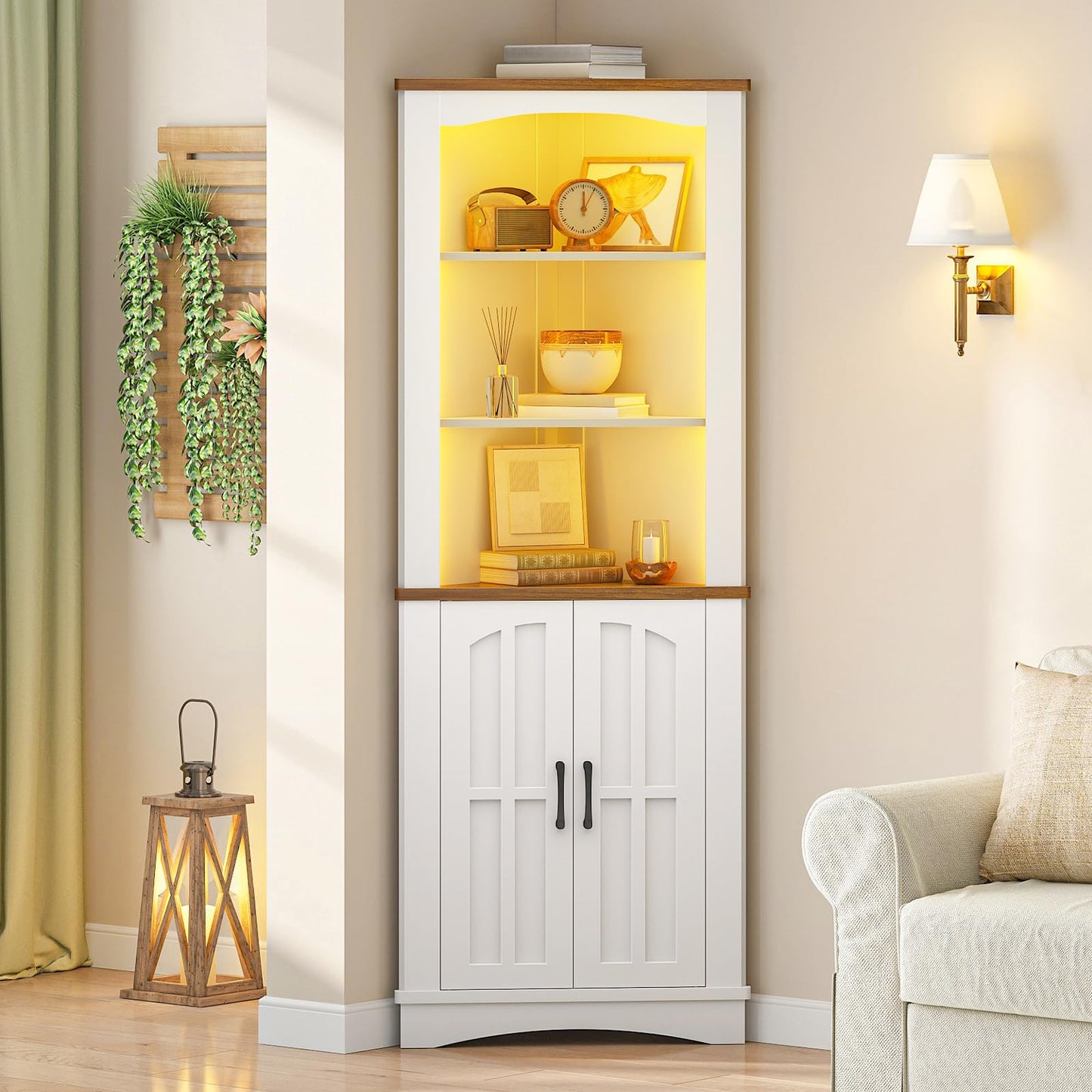 HOOBRO White 67-inch 5-Tier Farmhouse-Style Corner Vanity with LED Strip Lighting & Doors & Shelves