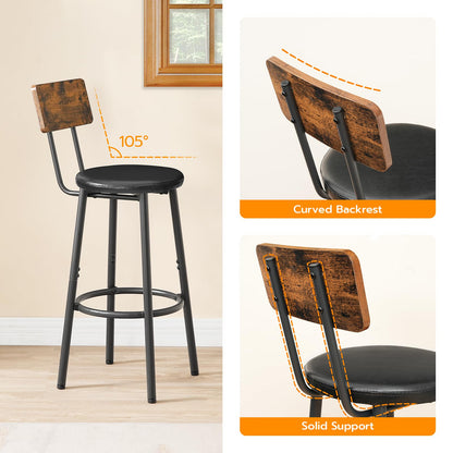 HOOBRO Retro Brown 26-inch PU Soft Cushion Bar Stool with Footrest & Backrest / 2PICS