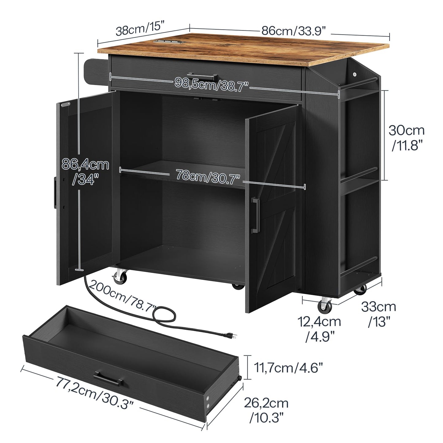HOOBRO Black Portable Kitchen Island with Folding Countertop & Power Outlet & Drawers and Spice Rack