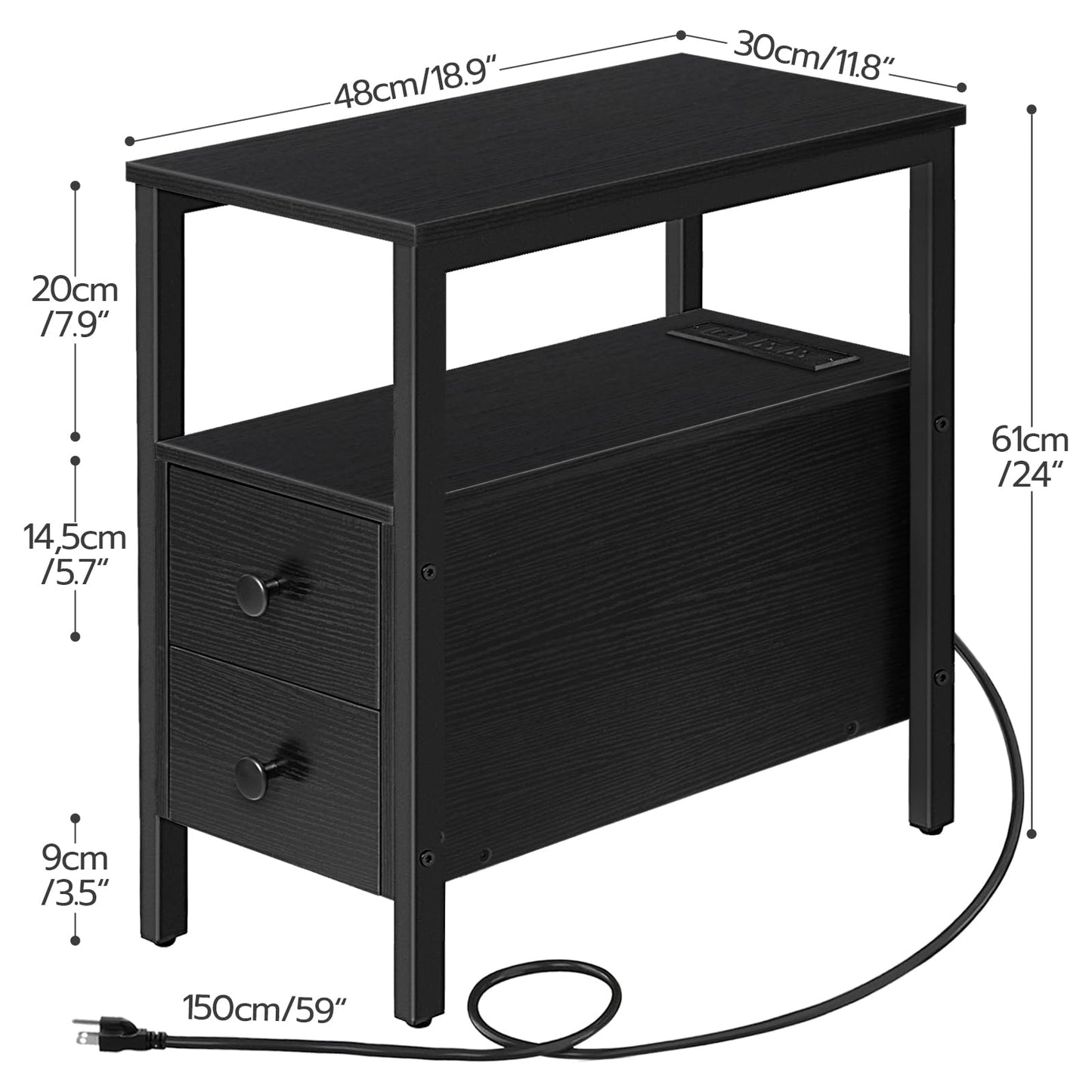 HOOBRO Black Narrow Side Table with 2 Drawers & USB Port & Power Outlet
