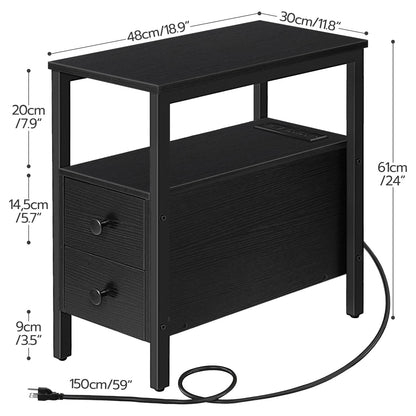 HOOBRO Black Narrow Side Table with 2 Drawers & USB Port & Power Outlet