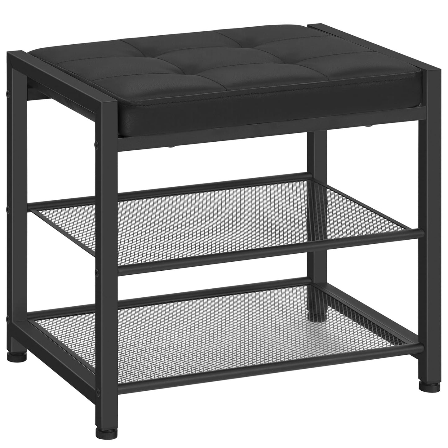 Black metal stool with cushioned seat and mesh shelves on a white background