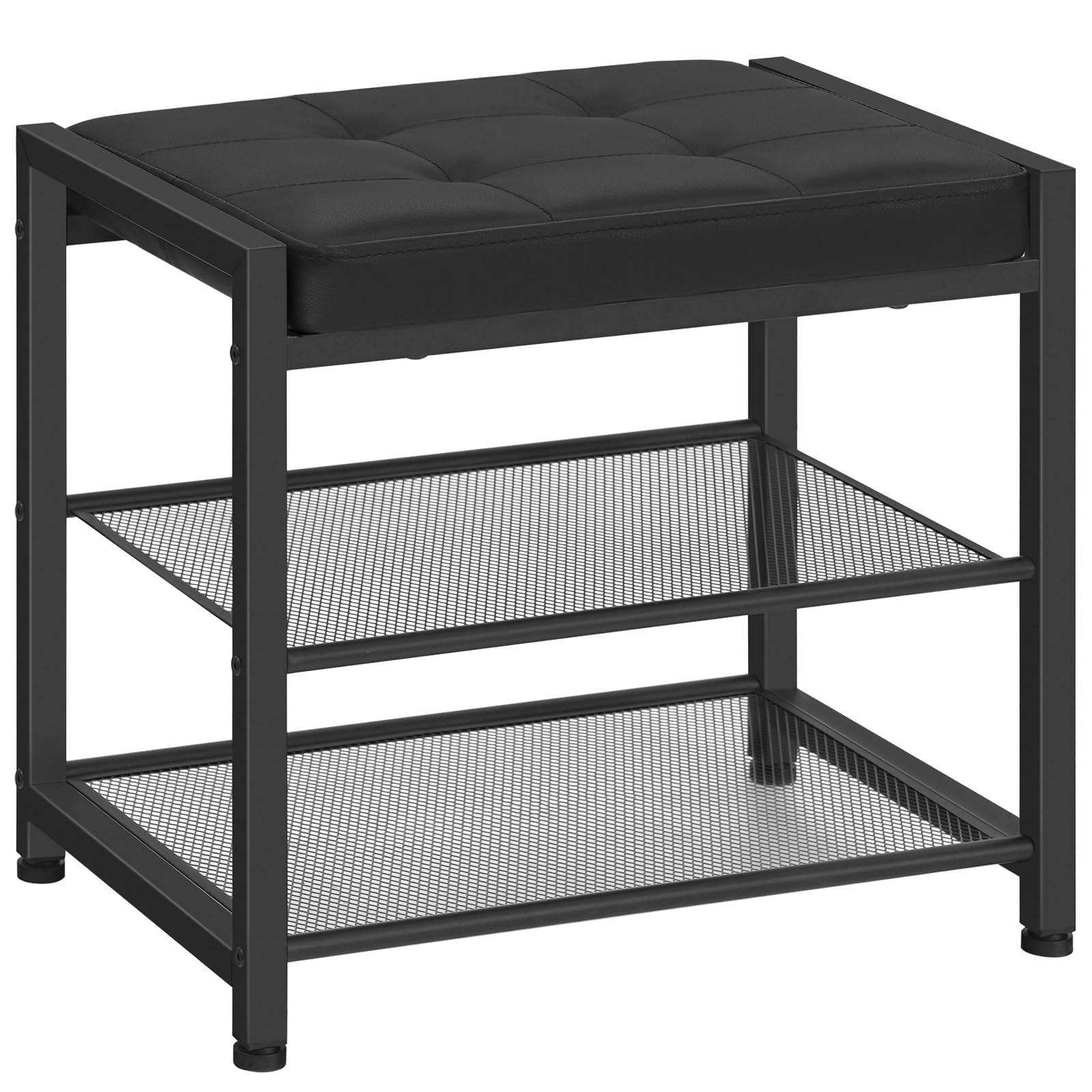 Black metal stool with cushioned seat and mesh shelves on a white background