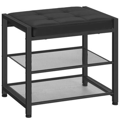 Black metal stool with cushioned seat and mesh shelves on a white background