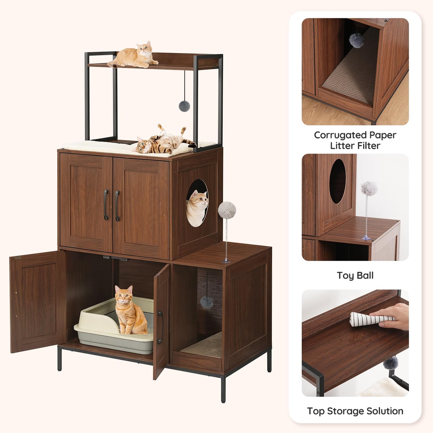 HOOBRO Wooden Cat Litter Box Enclosure with Storage & 2 Plush Balls