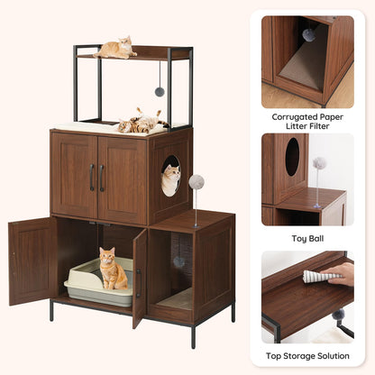 HOOBRO Wooden Cat Litter Box Enclosure with Storage & 2 Plush Balls