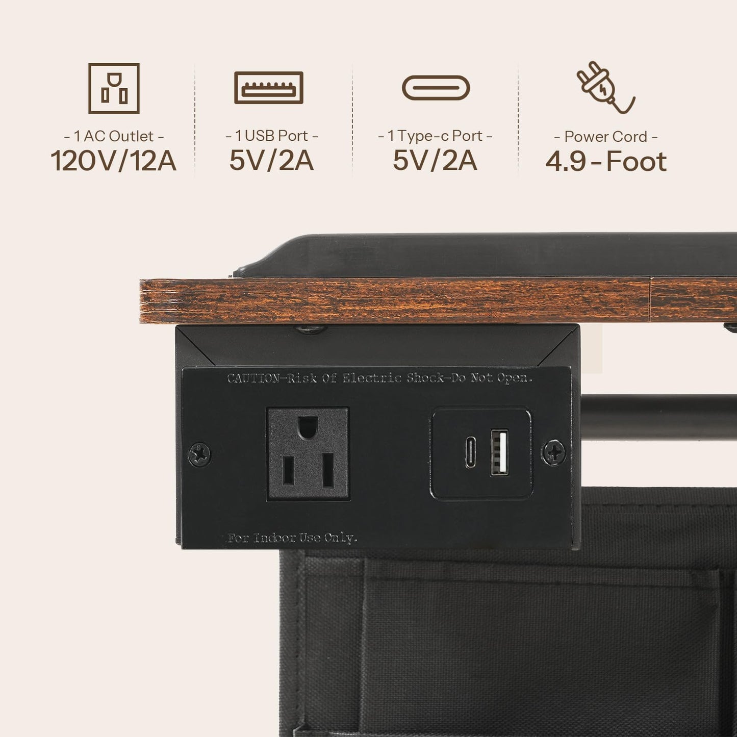HOOBRO Side Table, Narrow End Table with Charging Station, Height Adjustable Side Table, Tiltable Surface, Storage Bag, Nightstand for Small Spaces, Living Room, Rustic Brown and Black BF435UBZ01
