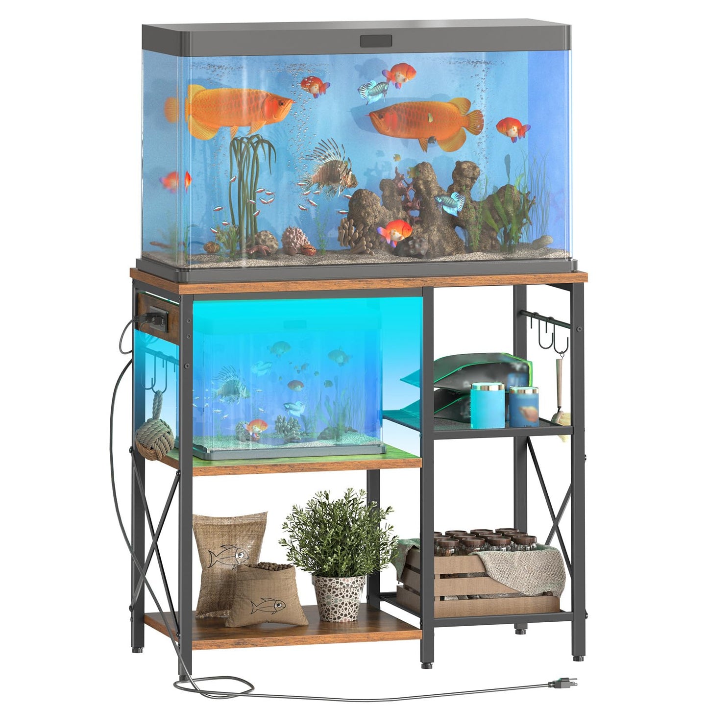 Two aquariums on a stand with fish and plants, on a white background