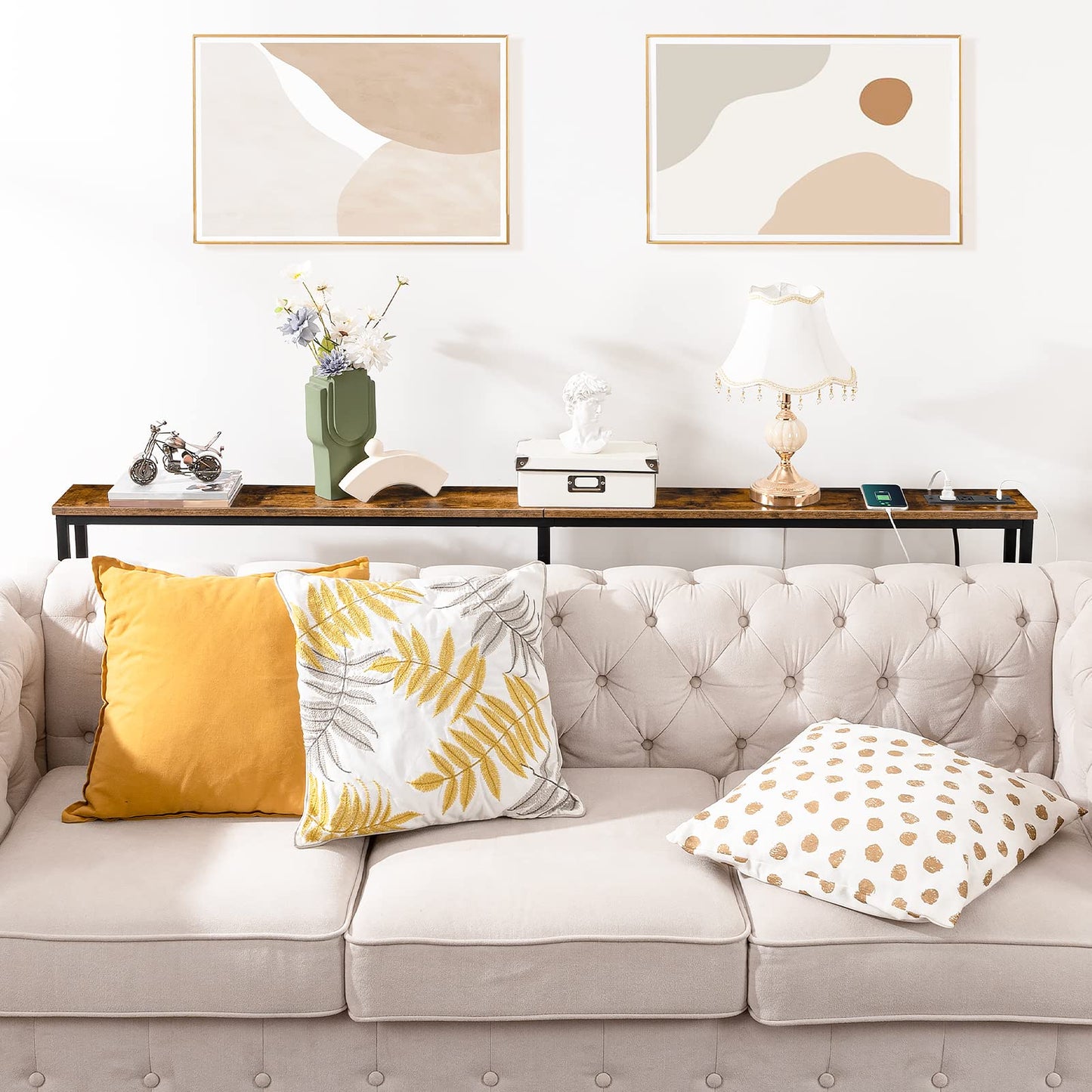 HOOBRO Brown 63-inch Narrow Console Table with Charging Station & 2 Power Outlets & USB Port