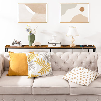 HOOBRO Brown 63-inch Narrow Console Table with Charging Station & 2 Power Outlets & USB Port