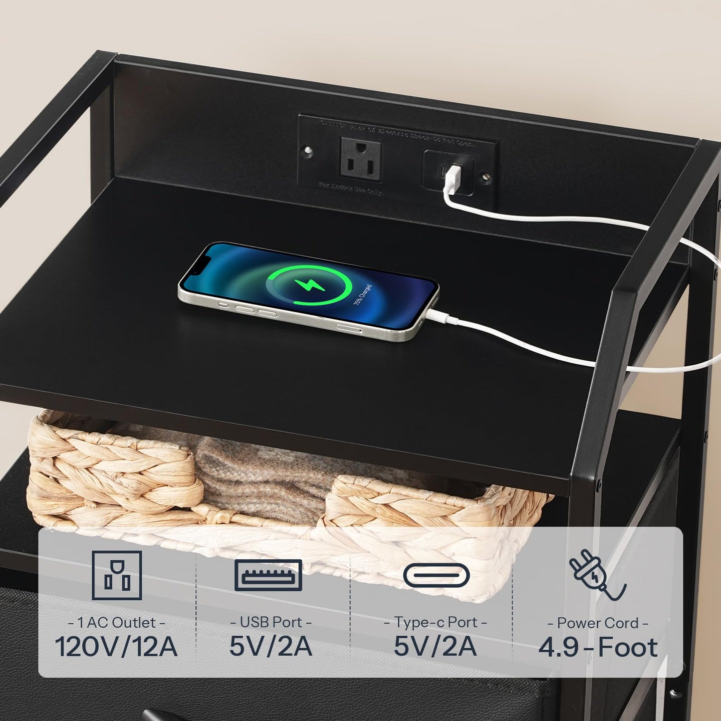 HOOBRO Black Bedside Table with Charging Station: Features 1 AC power outlet & 1 USB port & 1 Type-C port & LED light strip