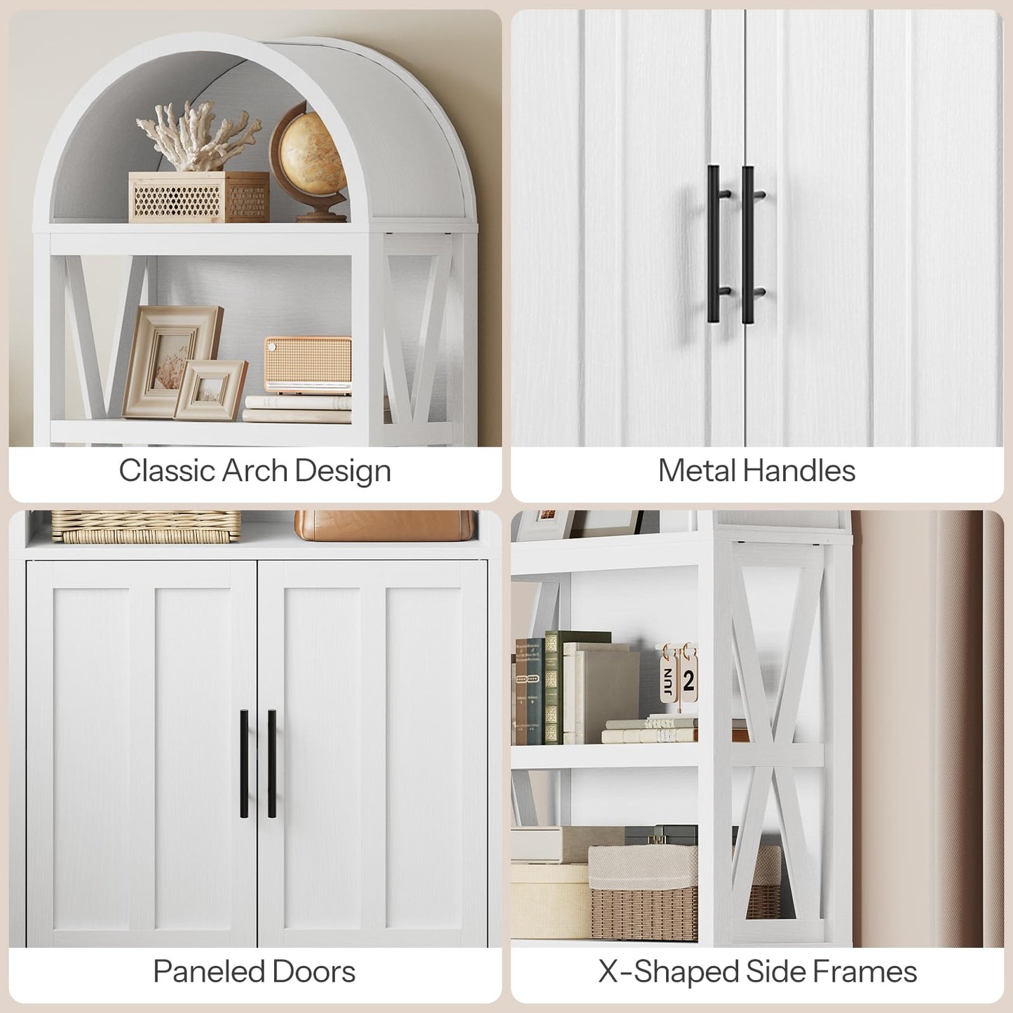 Collage of a white cabinet with different design elements including arch, handles, doors, and side frames.