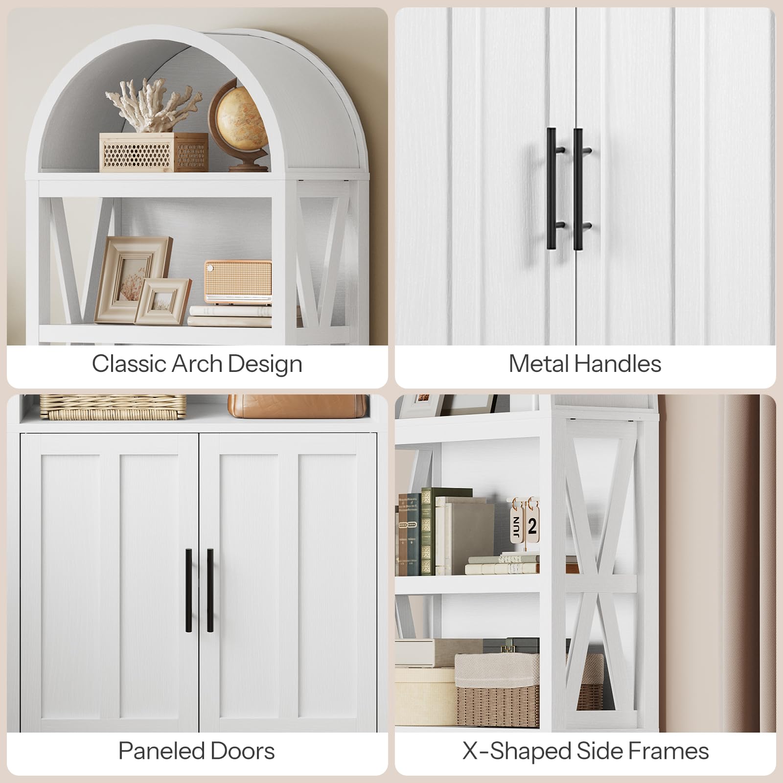 Collage of a white cabinet with different design elements including arch, handles, doors, and side frames.