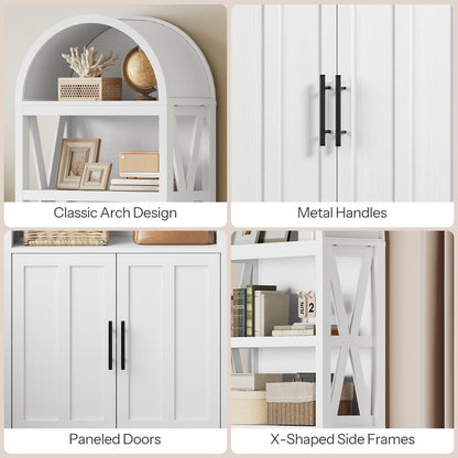 Collage of a white cabinet with different design elements including arch, handles, doors, and side frames.