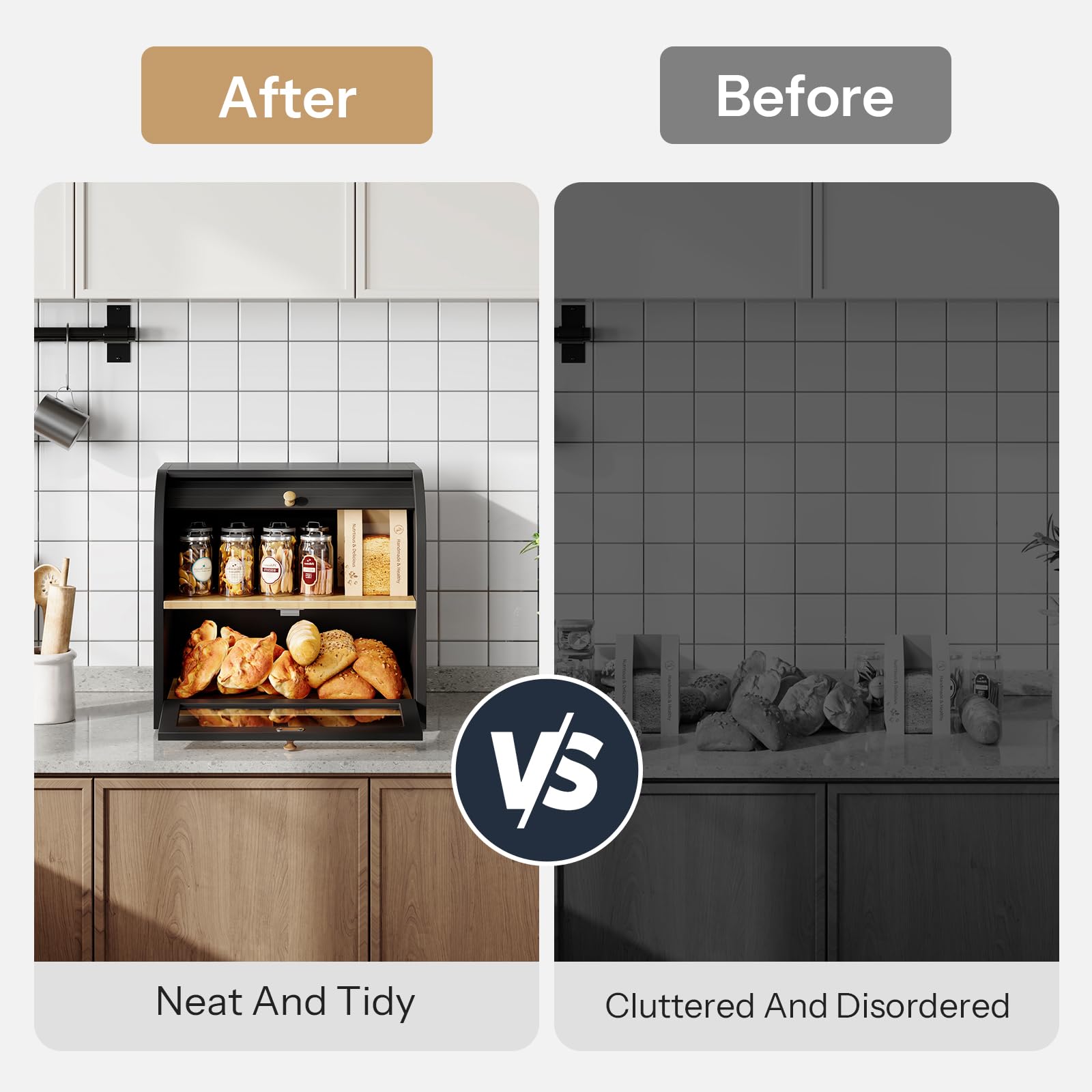 Before and after comparison of a kitchen setup with a neat and tidy area on the left and a cluttered and disordered area on the right.