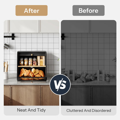 Before and after comparison of a kitchen setup with a neat and tidy area on the left and a cluttered and disordered area on the right.