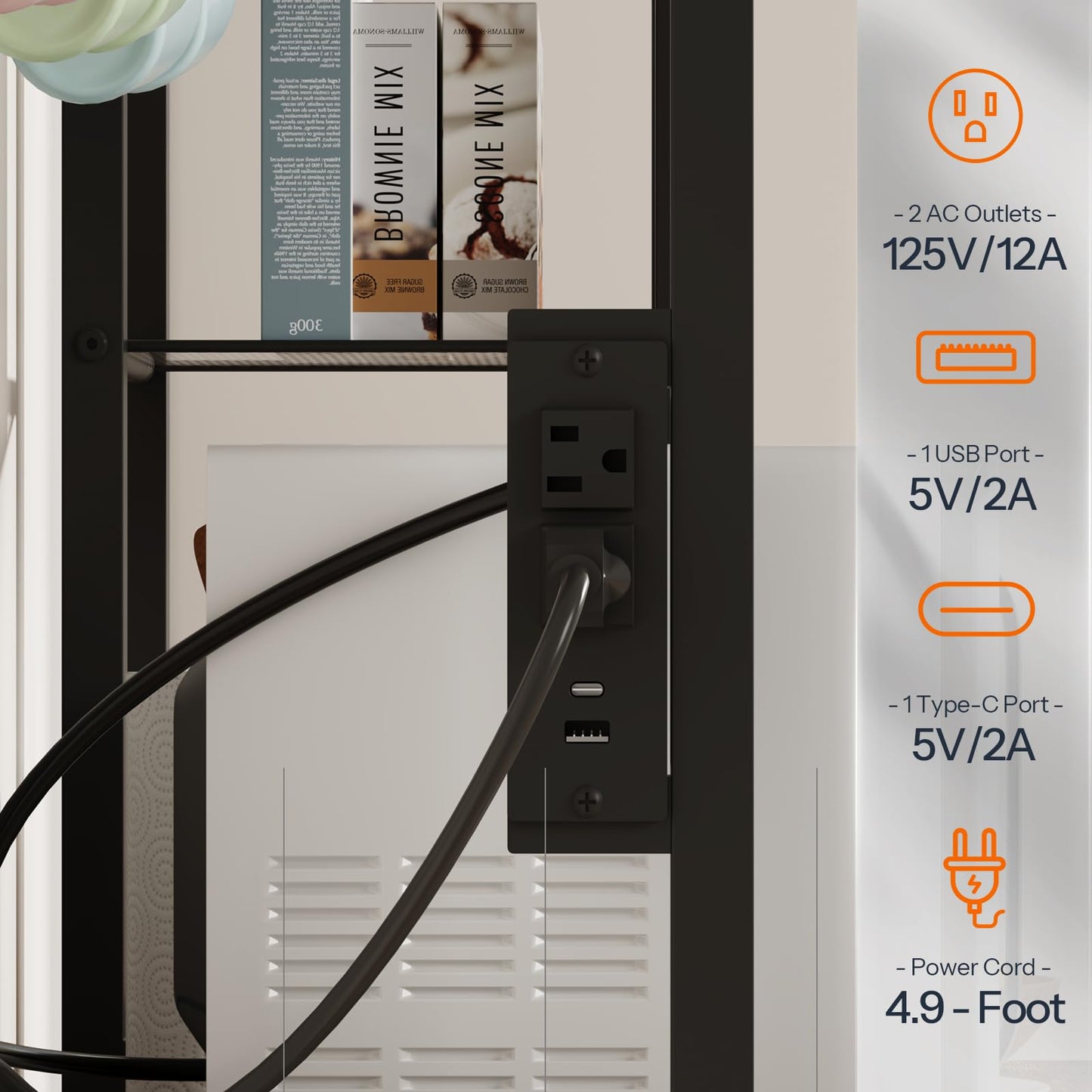 Power strip with multiple outlets and ports on a white wall.
