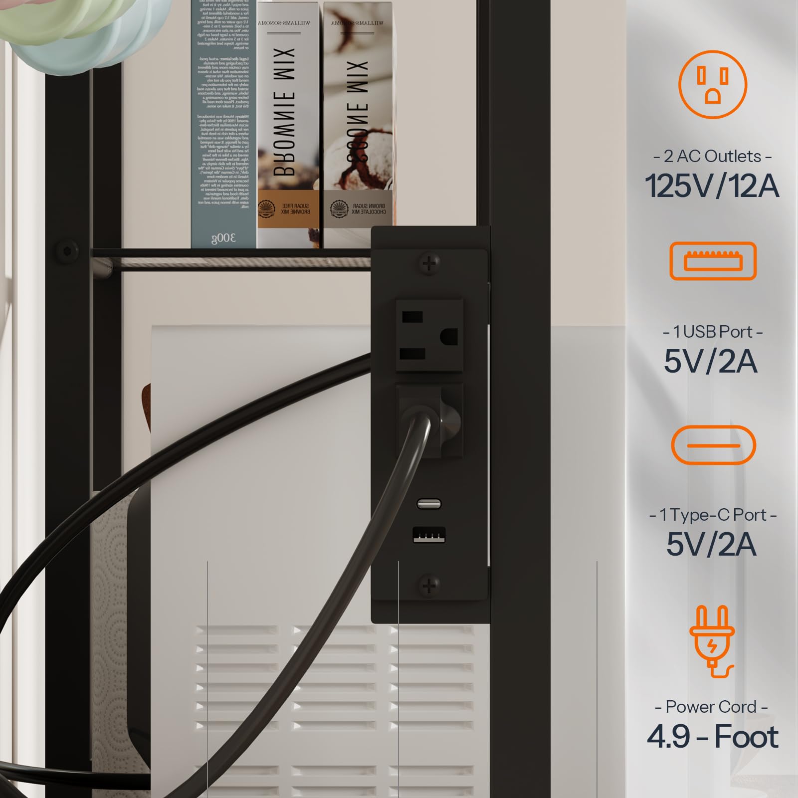 Power strip with multiple outlets and ports on a white wall.