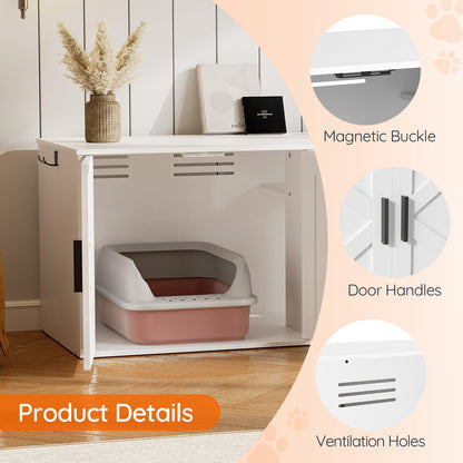 HOOBRO White Wooden Concealed Double-Layer Litter Box Cabinet with Aisle & Storage Shelves & Hooks