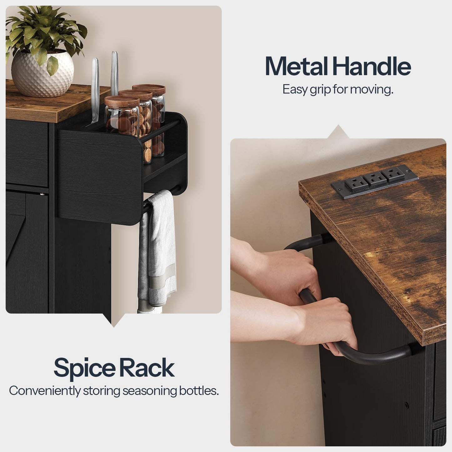 HOOBRO Rolling Kitchen Island with Power Outlet & Wine Storage