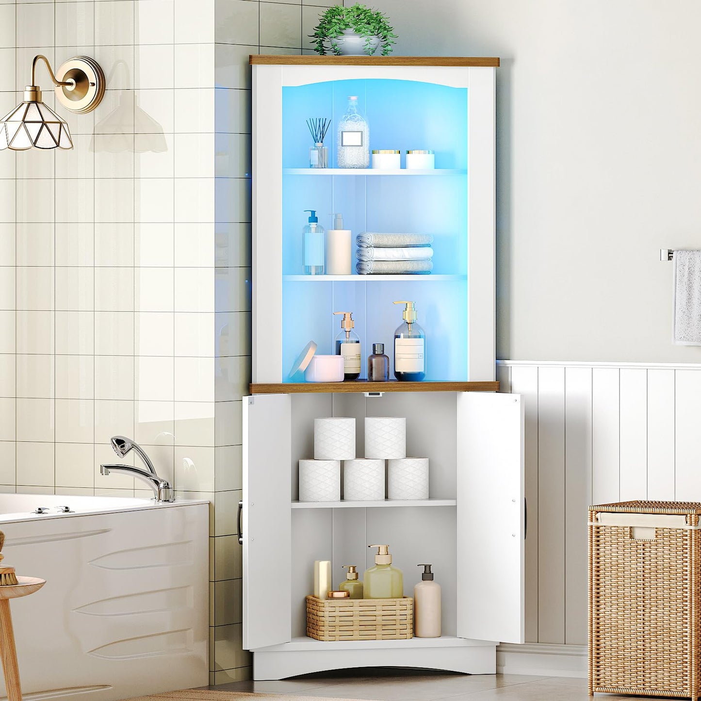 HOOBRO White 67-inch 5-Tier Farmhouse-Style Corner Vanity with LED Strip Lighting & Doors & Shelves