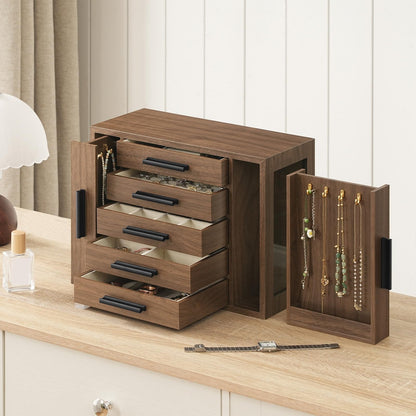 Wooden jewelry cabinet with open drawers and display area on a wooden surface.