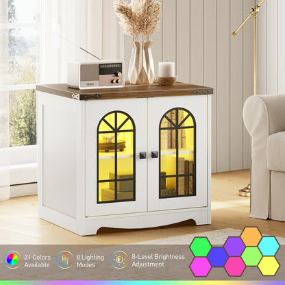HOOBRO Farmhouse End Table & Nightstand with Charging Station & LED Lights