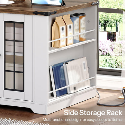 HOOBRO White Farmhouse Style 23.6-inch Large Side Table with Charging Station & Side Shelf