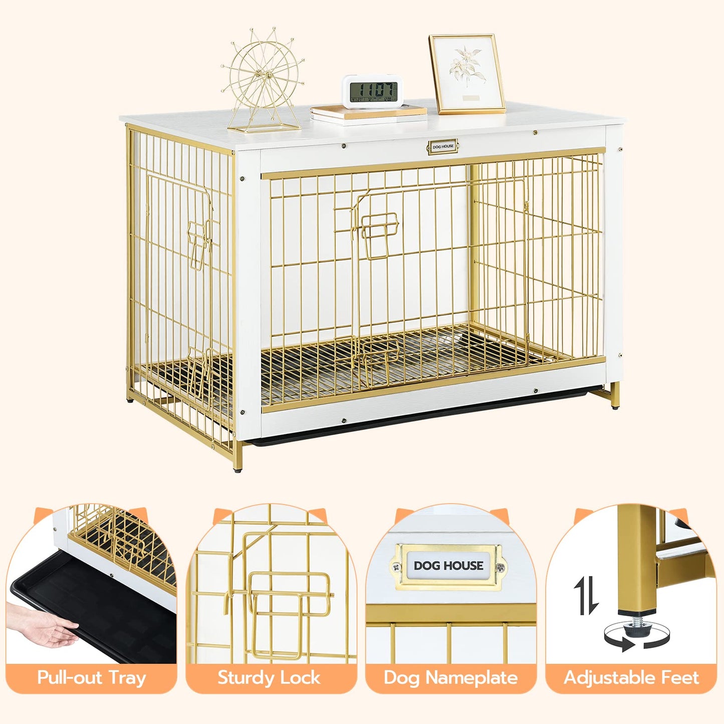 HOOBRO White 38.6-inch Wooden Double Door Large Indoor Dog Cage with Pull-out Tray