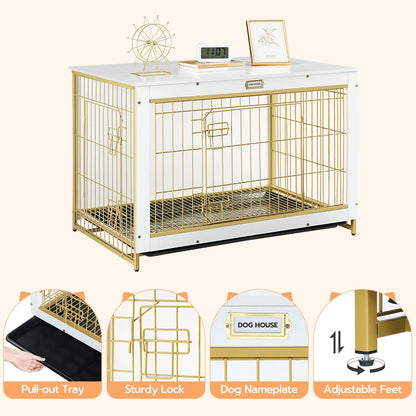 HOOBRO White 38.6-inch Wooden Double Door Large Indoor Dog Cage with Pull-out Tray