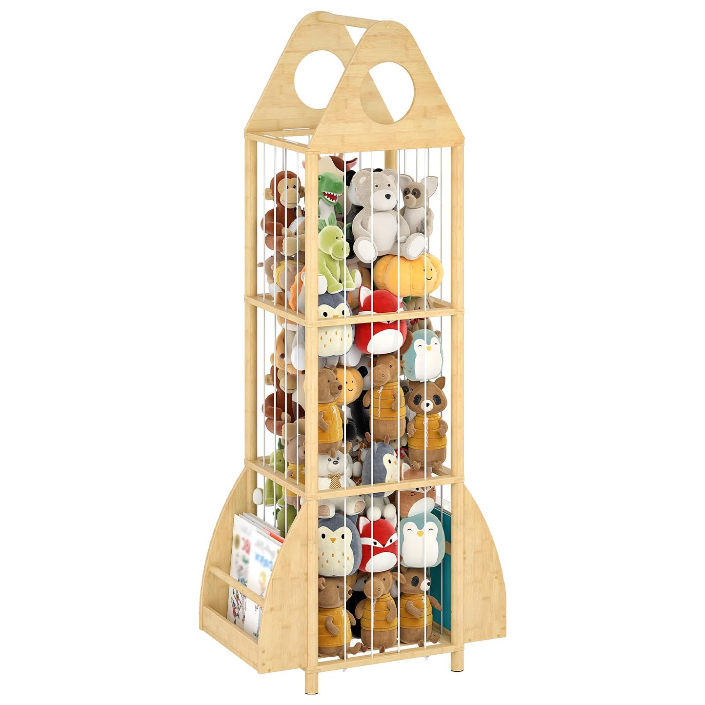 HOOBRO Stuffed Animal Storage, Bamboo Stuffed Animal Organizer with Elastic Cords and Side Bookshelf, Stuffed Animal Holder for Kids' Room, Playroom, Bedroom, Living Room, Nursery, Natural YL67CW01