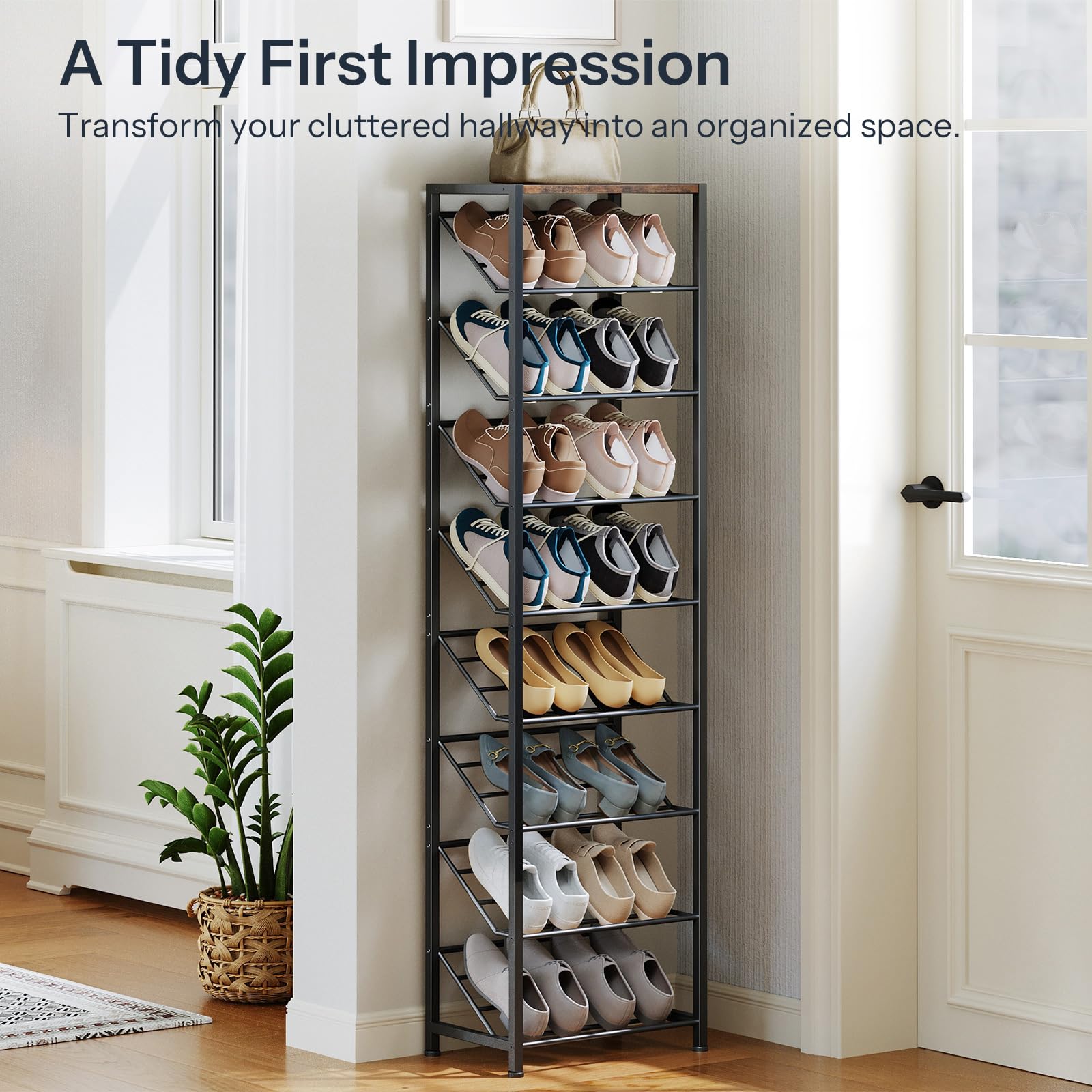 Shoe rack with shoes on a wooden floor next to a plant, with text about organizing a hallway.
