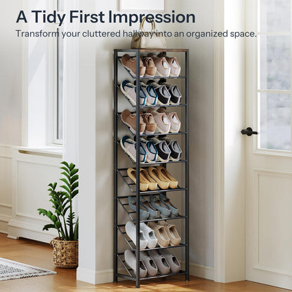 Shoe rack with shoes on a wooden floor next to a plant, with text about organizing a hallway.