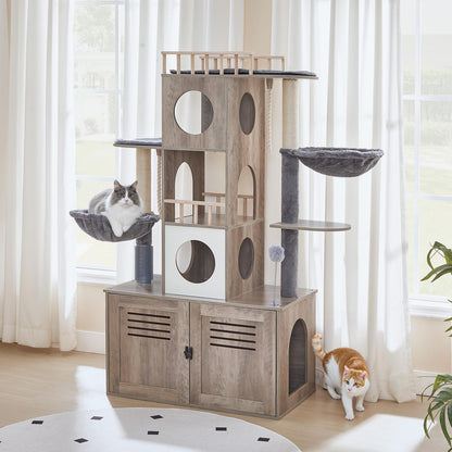 Cat tree with multiple levels and a cat sitting on one of the platforms.