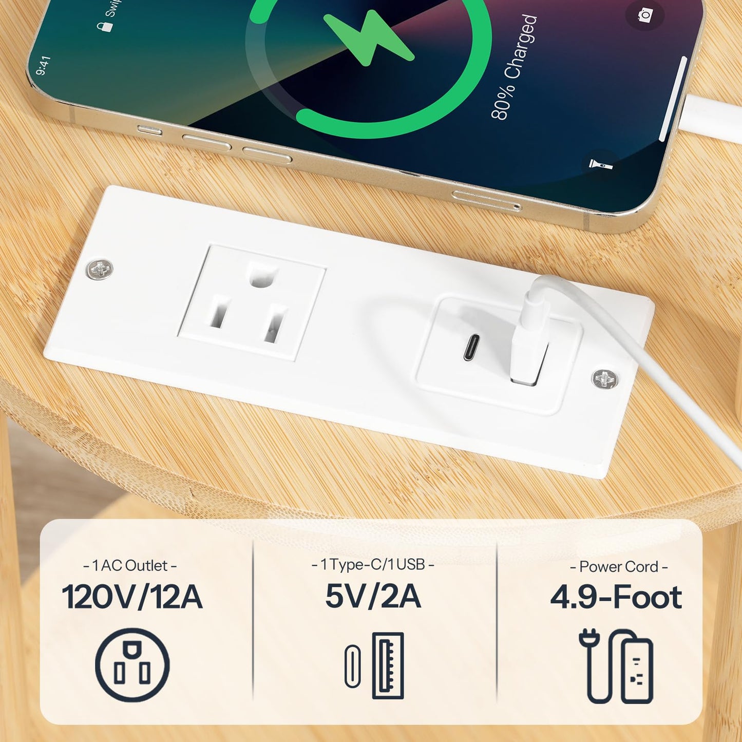 HOOBRO Three-Tier Small Round Side Table with Charging Station