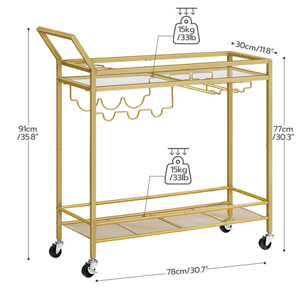 HOOBRO Gold Double-Layer Movable Home Bar Trolley with Wine Rack & Glass Holder & Guardrail