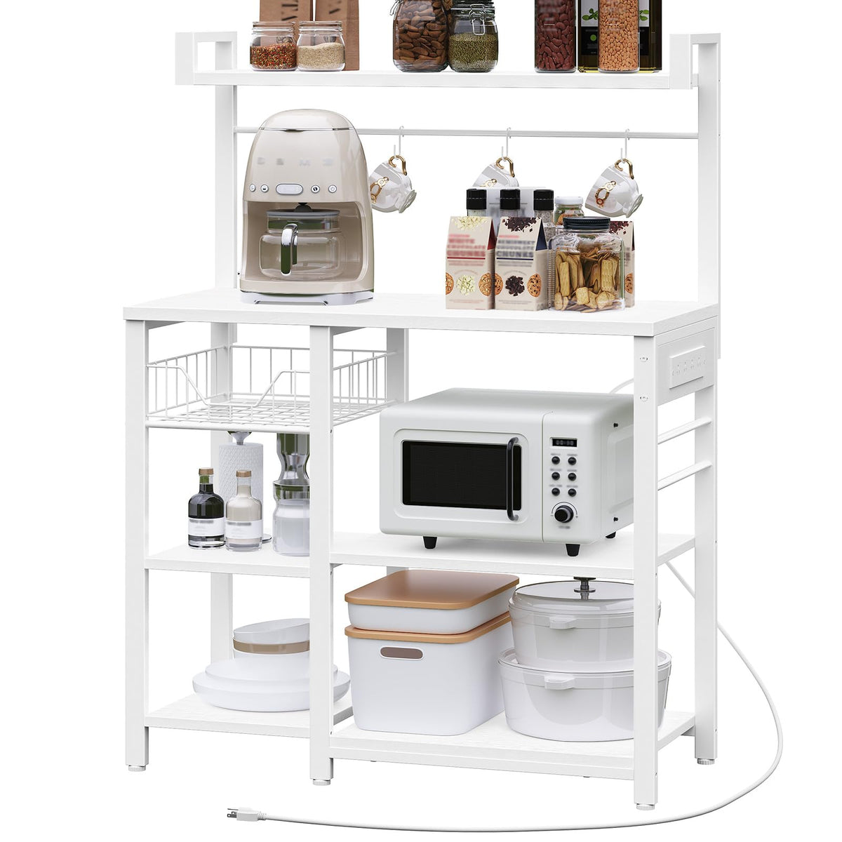 HOOBRO Bakers Rack with Power Outlet, 35.4 Inches Coffee Bar with Mesh Basket, Microwave Stand with 4 S-Shaped Hooks, Kitchen Bakers Rack with Storage, Easy to Assemble, White WT05HB01