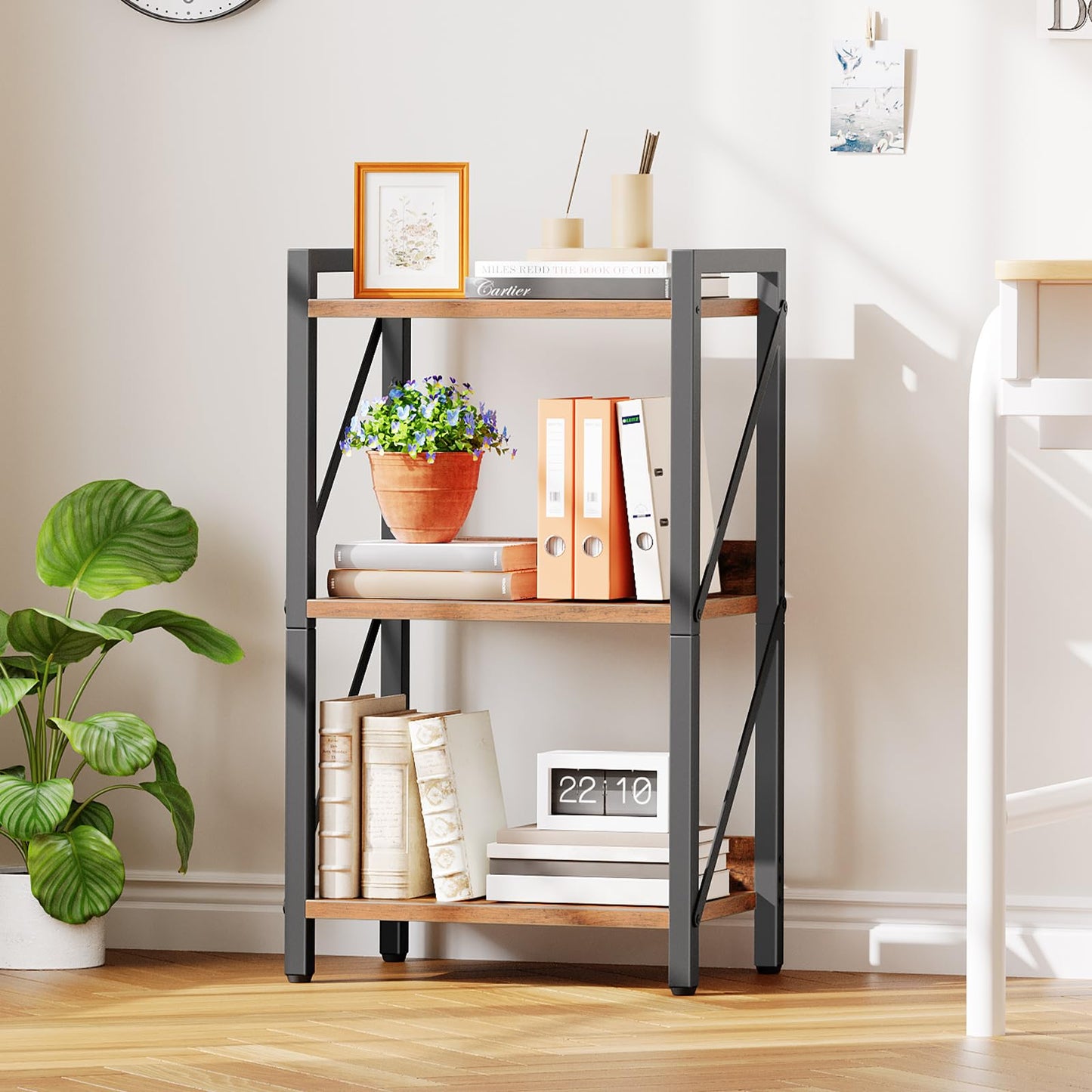HOOBRO Retro Brown Three-Tier Industrial Style Bookshelf