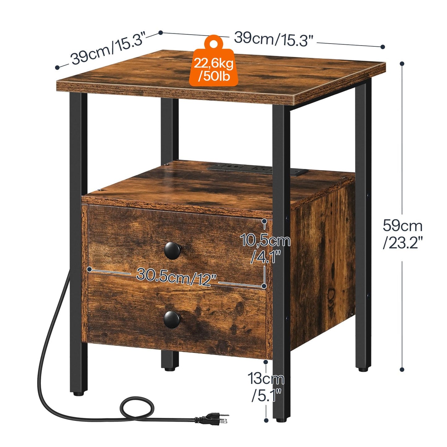 HOOBRO 2-Drawer Nightstands & End Tables with Charging Station / 2PICS