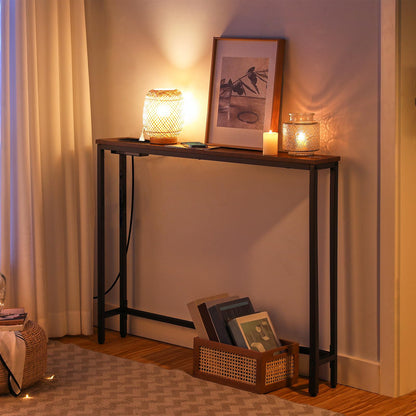 HOOBRO Retro Brown 39.4-inch Narrow Console Table with Power Outlet & Charging Station