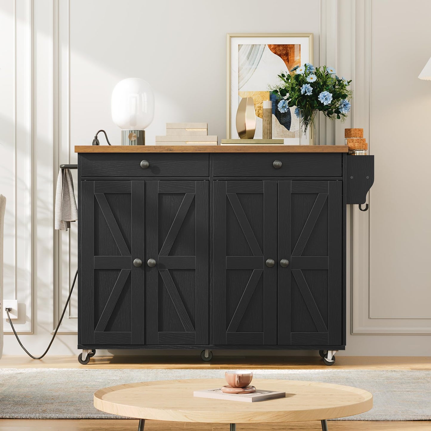 HOOBRO 43.3-inch Rolling Kitchen Island with Power Outlet