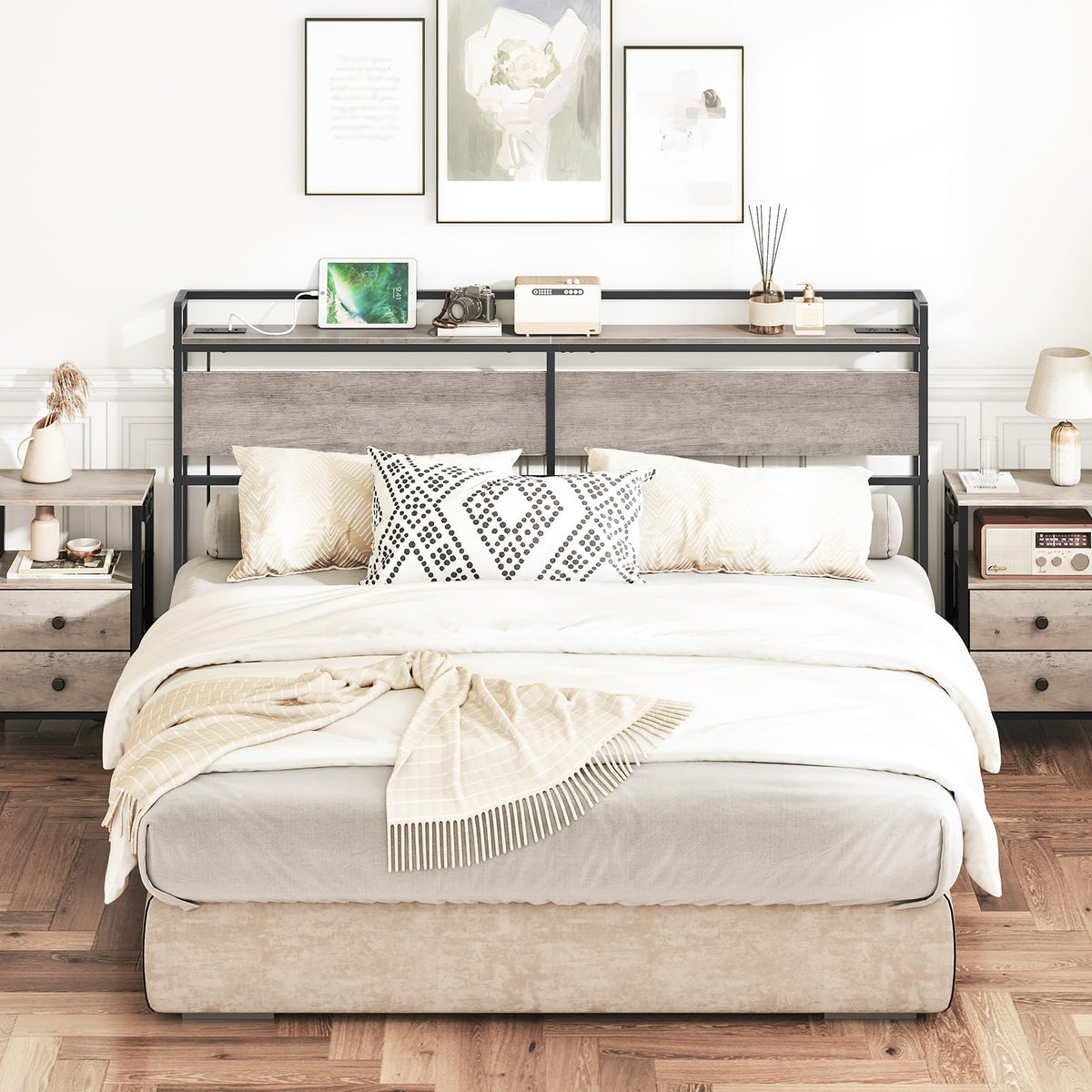 HOOBRO King Size Headboard, Headboard with 2 Outlets and 4 USB Ports, Adjustable Height, Storage Rack, Sturdy and Stable, Easy Assembly, Greige and Black