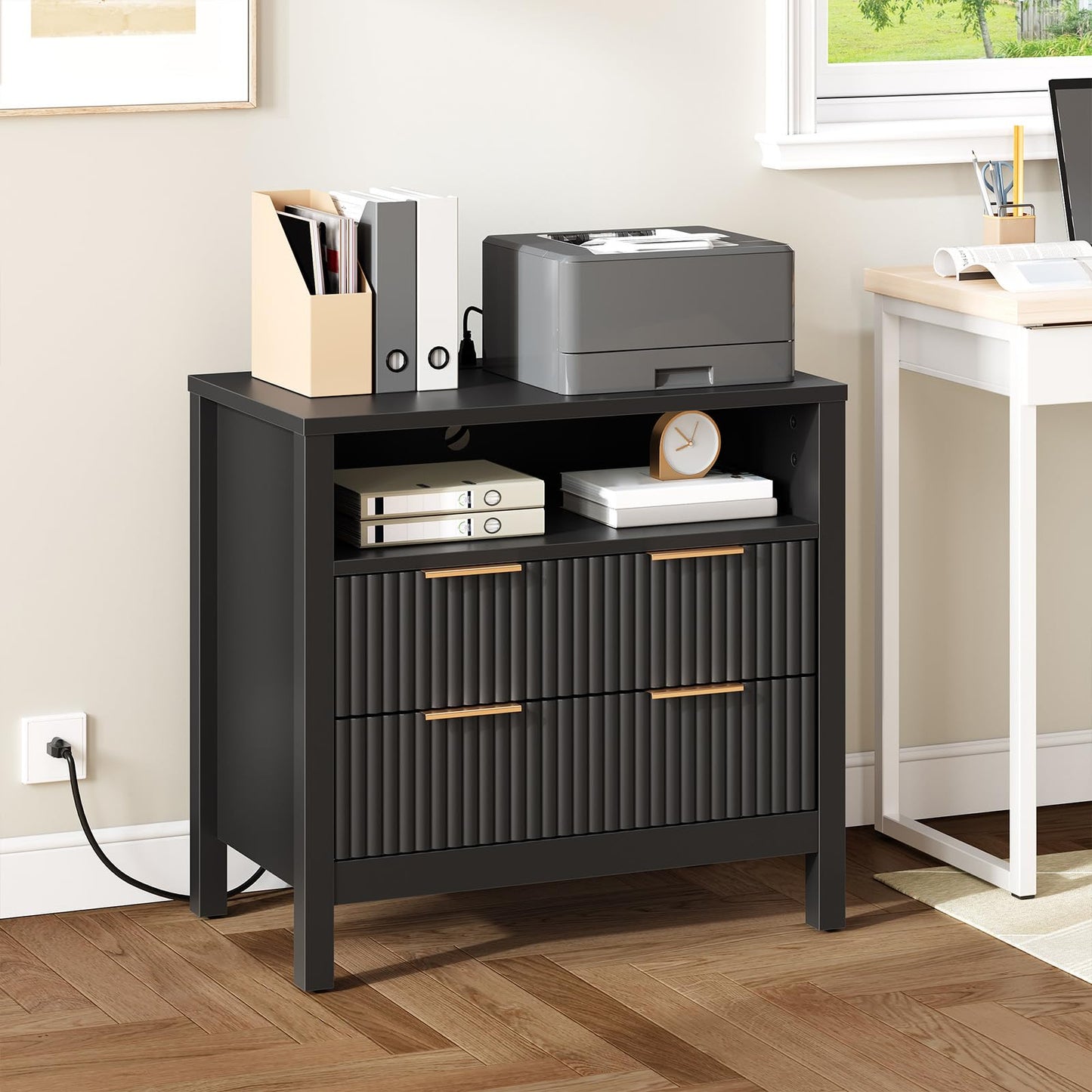 HOOBRO Wooden Wave Wide Nightstand with Charging Station & LED Lights