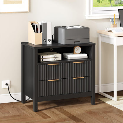 HOOBRO Wooden Wave Wide Nightstand with Charging Station & LED Lights