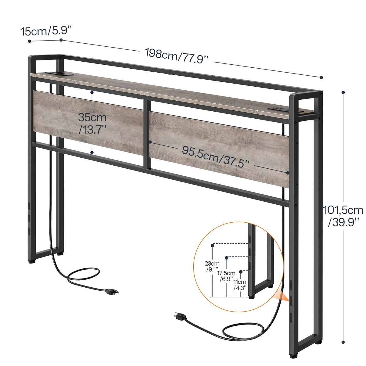 HOOBRO King Size Headboard, Headboard with 2 Outlets and 4 USB Ports, Adjustable Height, Storage Rack, Sturdy and Stable, Easy Assembly, Greige and Black