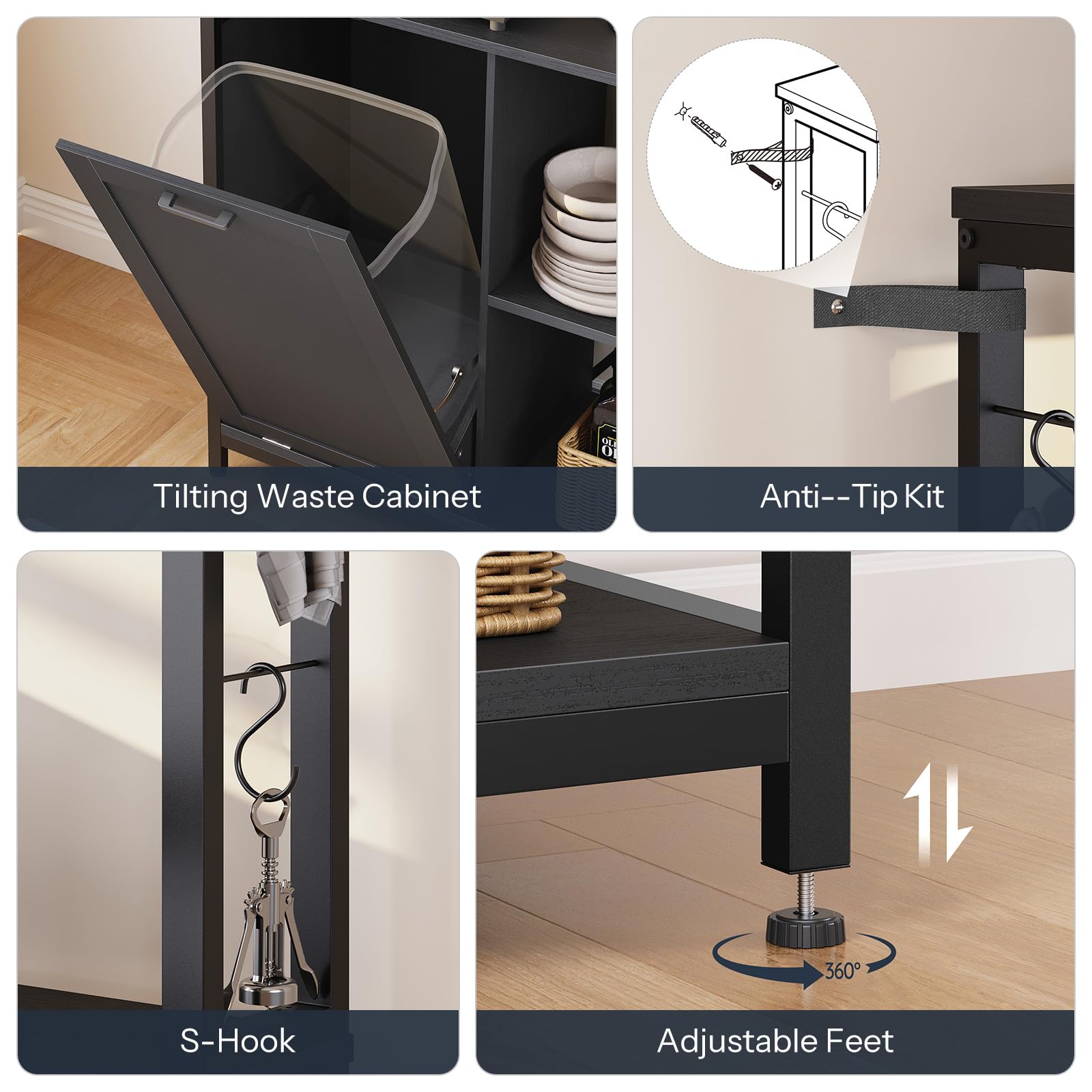 Collage of a kitchen cabinet with tilting waste cabinet, anti-tip kit, s-hook, and adjustable feet features.